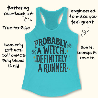 Turquoise women's running tank top featuring the slogan 'Probably a Witch. Definitely a Runner.' with witchy pentagram symbols and celestial accents, perfect for women runners who love running, witch aesthetics, and magical fitness apparel