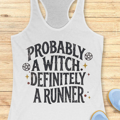 white women's running tank top featuring the slogan 'Probably a Witch. Definitely a Runner.' with witchy pentagram symbols and celestial accents, perfect for women runners who love running, witch aesthetics, and magical fitness apparel