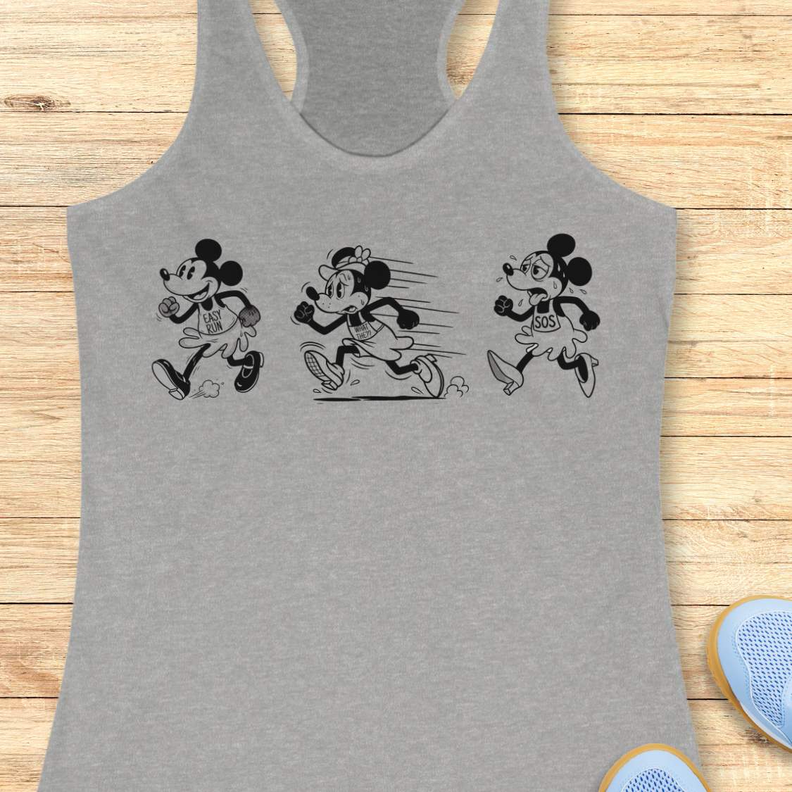 Funny women's running gray
 tank top featuring a runner evolution graphic showing the stages of every run from "Easy Run" to "What Have I Done?" to "SOS." Humorous running apparel for women runners, marathon runners, half marathon runners, trail runners, run club members, and fitness lovers. Black-and-white cartoon-style running illustration on a white racerback tank, perfect for race day, long runs, training, running gifts, runner moms, and athletes who love relatable running humor.