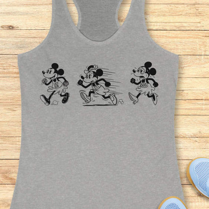 Funny women's running gray
 tank top featuring a runner evolution graphic showing the stages of every run from "Easy Run" to "What Have I Done?" to "SOS." Humorous running apparel for women runners, marathon runners, half marathon runners, trail runners, run club members, and fitness lovers. Black-and-white cartoon-style running illustration on a white racerback tank, perfect for race day, long runs, training, running gifts, runner moms, and athletes who love relatable running humor.