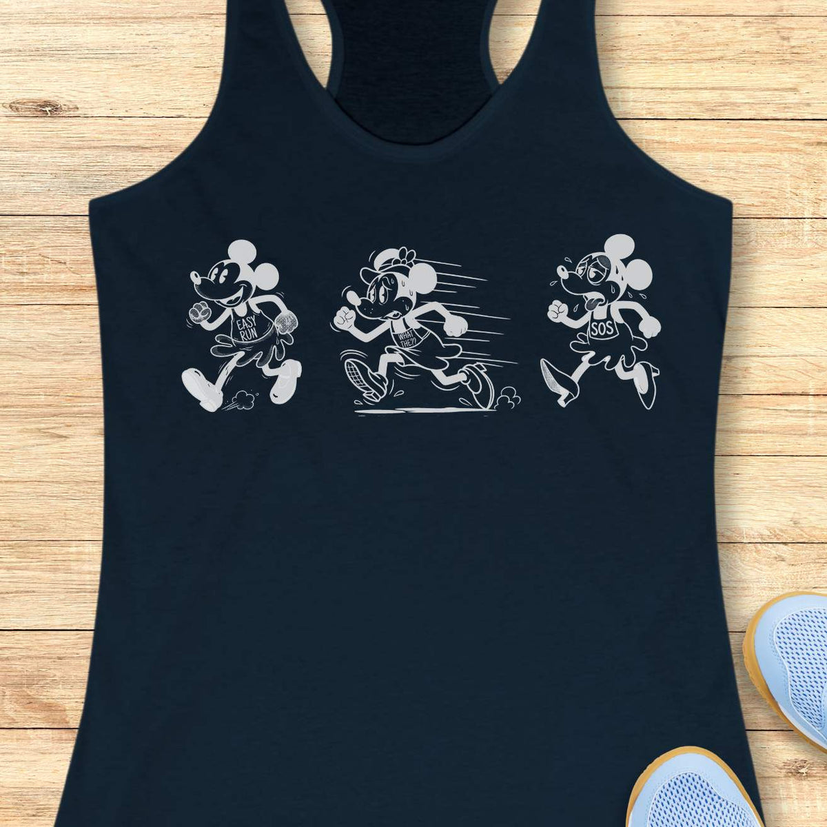 Funny women's running navy tank top featuring a runner evolution graphic showing the stages of every run from "Easy Run" to "What Have I Done?" to "SOS." Humorous running apparel for women runners, marathon runners, half marathon runners, trail runners, run club members, and fitness lovers. Black-and-white cartoon-style running illustration on a white racerback tank, perfect for race day, long runs, training, running gifts, runner moms, and athletes who love relatable running humor.