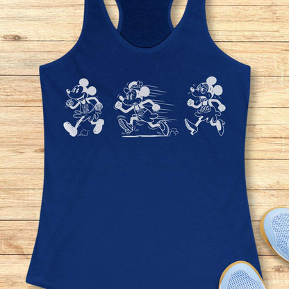 Funny women's running royal tank top featuring a runner evolution graphic showing the stages of every run from "Easy Run" to "What Have I Done?" to "SOS." Humorous running apparel for women runners, marathon runners, half marathon runners, trail runners, run club members, and fitness lovers. Black-and-white cartoon-style running illustration on a white racerback tank, perfect for race day, long runs, training, running gifts, runner moms, and athletes who love relatable running humor.