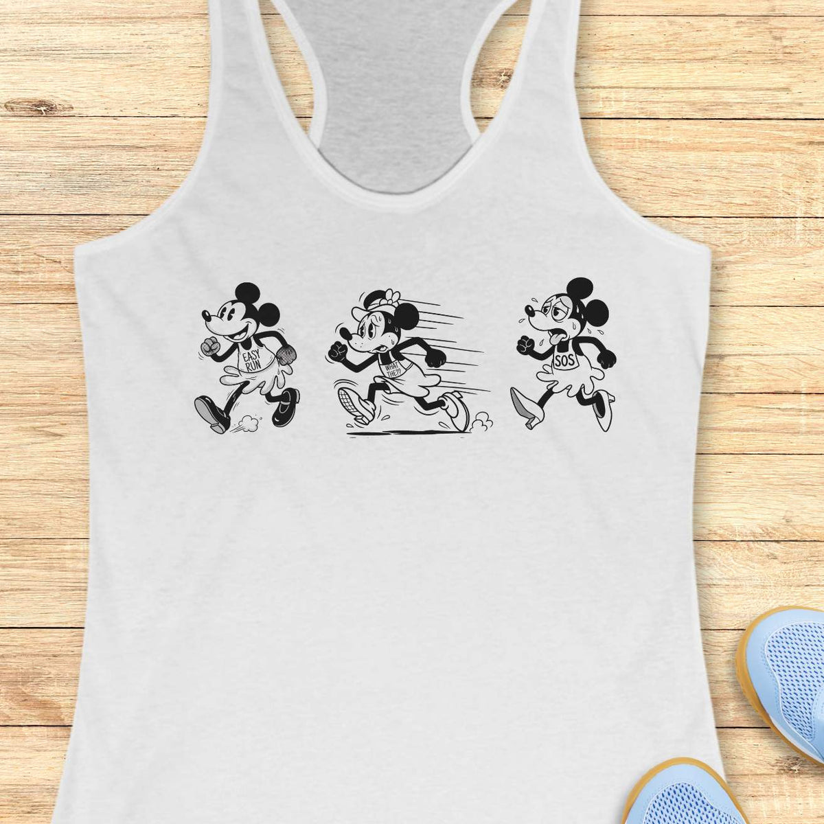 Funny women's running white tank top featuring a runner evolution graphic showing the stages of every run from "Easy Run" to "What Have I Done?" to "SOS." Humorous running apparel for women runners, marathon runners, half marathon runners, trail runners, run club members, and fitness lovers. Black-and-white cartoon-style running illustration on a white racerback tank, perfect for race day, long runs, training, running gifts, runner moms, and athletes who love relatable running humor.