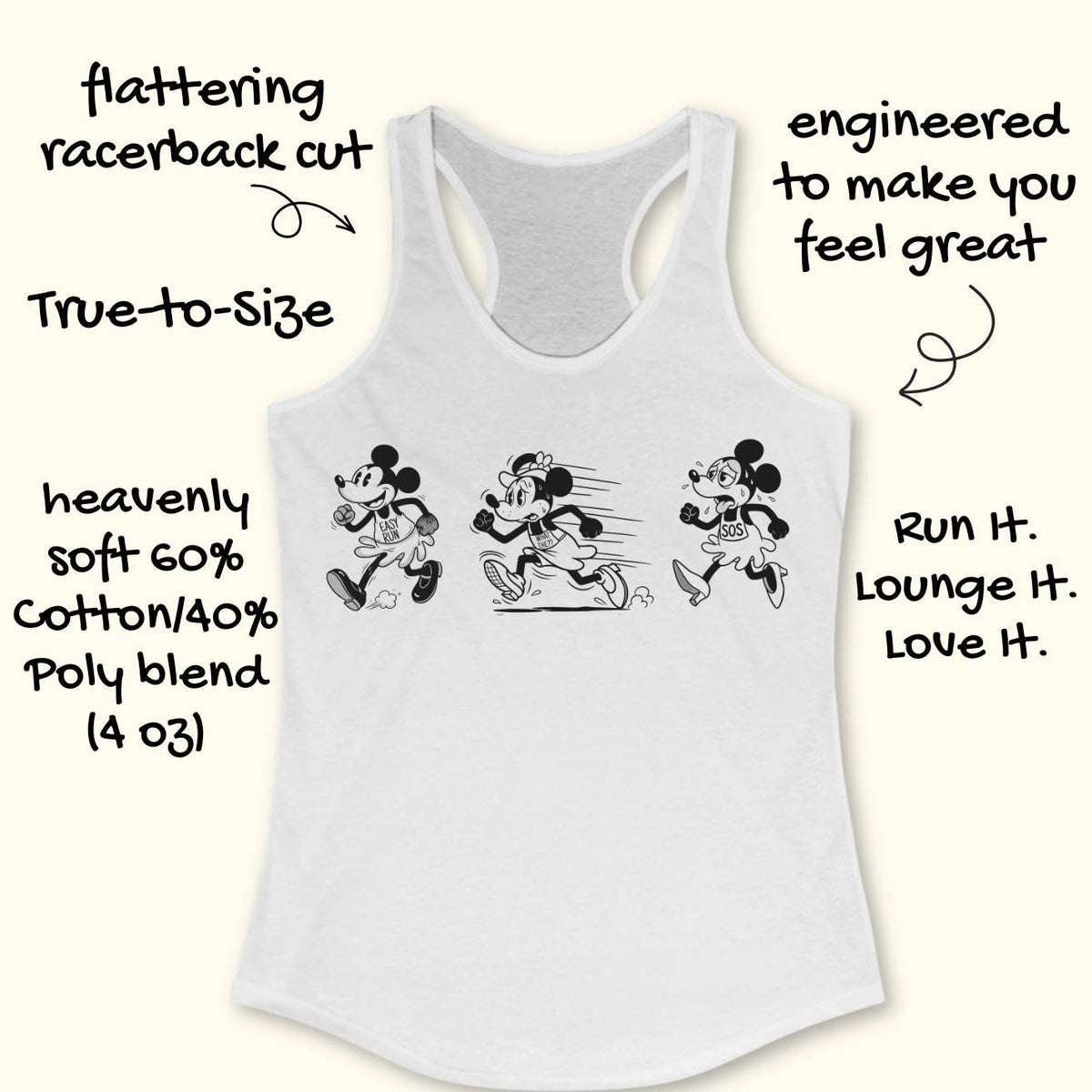 Funny women's running white tank top featuring a runner evolution graphic showing the stages of every run from "Easy Run" to "What Have I Done?" to "SOS." Humorous running apparel for women runners, marathon runners, half marathon runners, trail runners, run club members, and fitness lovers. Black-and-white cartoon-style running illustration on a white racerback tank, perfect for race day, long runs, training, running gifts, runner moms, and athletes who love relatable running humor.