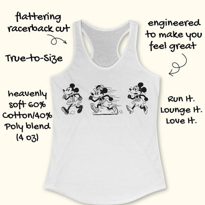 Funny women's running white tank top featuring a runner evolution graphic showing the stages of every run from "Easy Run" to "What Have I Done?" to "SOS." Humorous running apparel for women runners, marathon runners, half marathon runners, trail runners, run club members, and fitness lovers. Black-and-white cartoon-style running illustration on a white racerback tank, perfect for race day, long runs, training, running gifts, runner moms, and athletes who love relatable running humor.