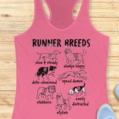 Funny Runner Breeds pink tank top featuring dog breed runner personalities including Slow & Steady Dachshund, Always Happy Golden Retriever, Data-Obsessed Border Collie, Speed Demon Greyhound, Stubborn Bulldog, Easily Distracted Beagle, and Stylish Poodle. Humorous running apparel for women runners, marathon runners, half marathon participants, dog lovers, race enthusiasts, and fitness fans. Graphic running tank with race bib dogs and runner humor illustration.