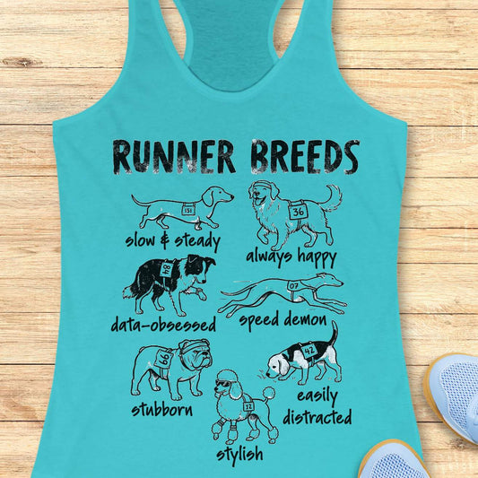 Funny Runner Breeds blue tank top featuring dog breed runner personalities including Slow & Steady Dachshund, Always Happy Golden Retriever, Data-Obsessed Border Collie, Speed Demon Greyhound, Stubborn Bulldog, Easily Distracted Beagle, and Stylish Poodle. Humorous running apparel for women runners, marathon runners, half marathon participants, dog lovers, race enthusiasts, and fitness fans. Graphic running tank with race bib dogs and runner humor illustration.