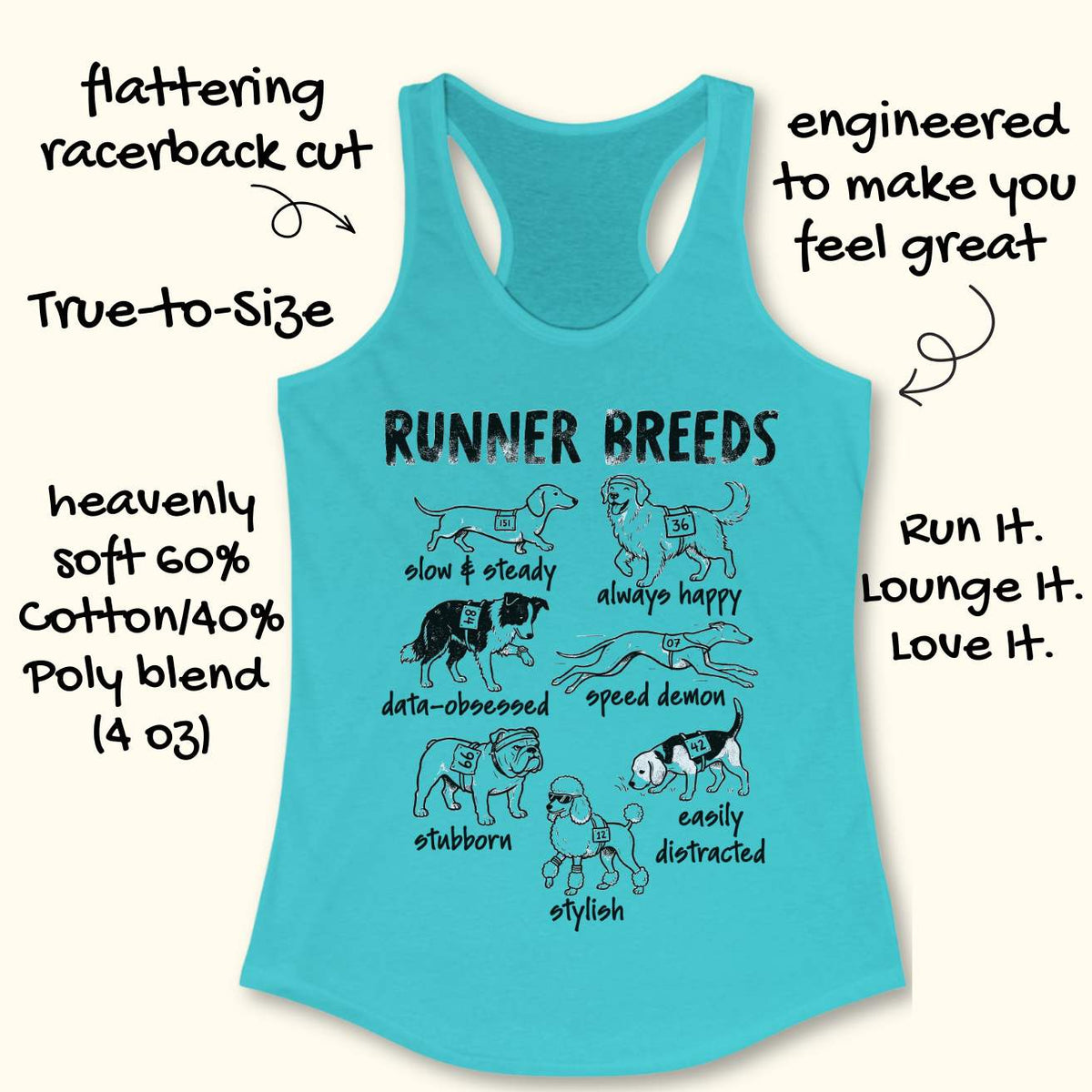 Funny Runner Breeds blue tank top featuring dog breed runner personalities including Slow & Steady Dachshund, Always Happy Golden Retriever, Data-Obsessed Border Collie, Speed Demon Greyhound, Stubborn Bulldog, Easily Distracted Beagle, and Stylish Poodle. Humorous running apparel for women runners, marathon runners, half marathon participants, dog lovers, race enthusiasts, and fitness fans. Graphic running tank with race bib dogs and runner humor illustration.