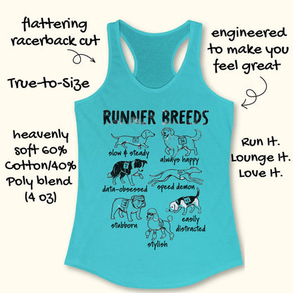 Funny Runner Breeds blue tank top featuring dog breed runner personalities including Slow & Steady Dachshund, Always Happy Golden Retriever, Data-Obsessed Border Collie, Speed Demon Greyhound, Stubborn Bulldog, Easily Distracted Beagle, and Stylish Poodle. Humorous running apparel for women runners, marathon runners, half marathon participants, dog lovers, race enthusiasts, and fitness fans. Graphic running tank with race bib dogs and runner humor illustration.