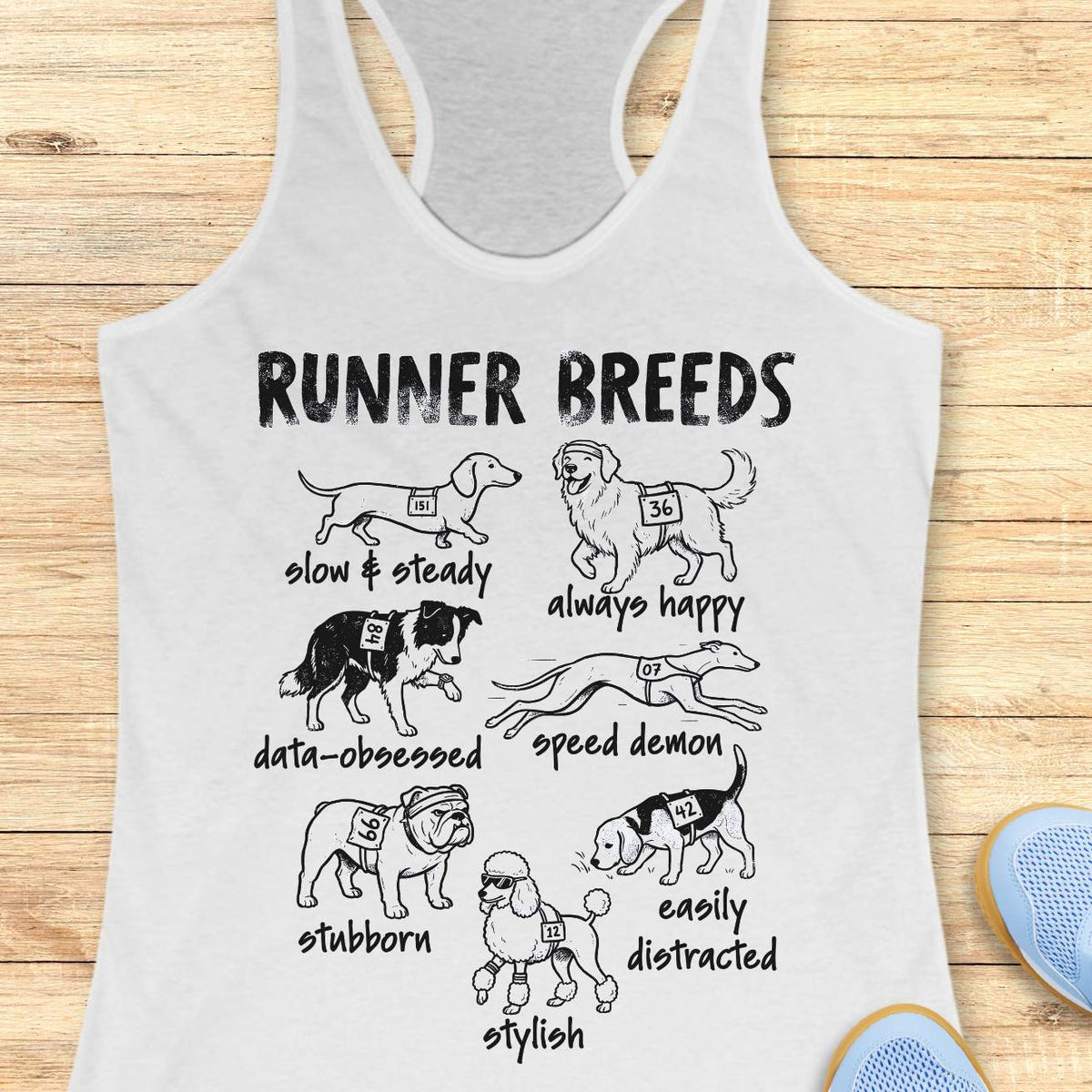 Funny Runner Breeds white tank top featuring dog breed runner personalities including Slow & Steady Dachshund, Always Happy Golden Retriever, Data-Obsessed Border Collie, Speed Demon Greyhound, Stubborn Bulldog, Easily Distracted Beagle, and Stylish Poodle. Humorous running apparel for women runners, marathon runners, half marathon participants, dog lovers, race enthusiasts, and fitness fans. Graphic running tank with race bib dogs and runner humor illustration.