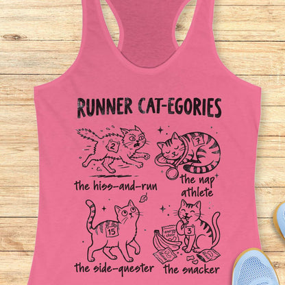 Runner Cat-egories funny running tank top featuring cartoon cats as relatable runner personalities. Design showcases The Hiss-and-Run, The Nap Athlete, The Side-Quester, and The Snacker, each wearing race bib numbers and representing common runner traits. Cute cat-themed running apparel for women who run, cat moms, marathon runners, half marathon participants, trail runners, and pet lovers. Humorous running gift combining running humor, race day culture, and cat lover lifestyle on a pink racerback tank.