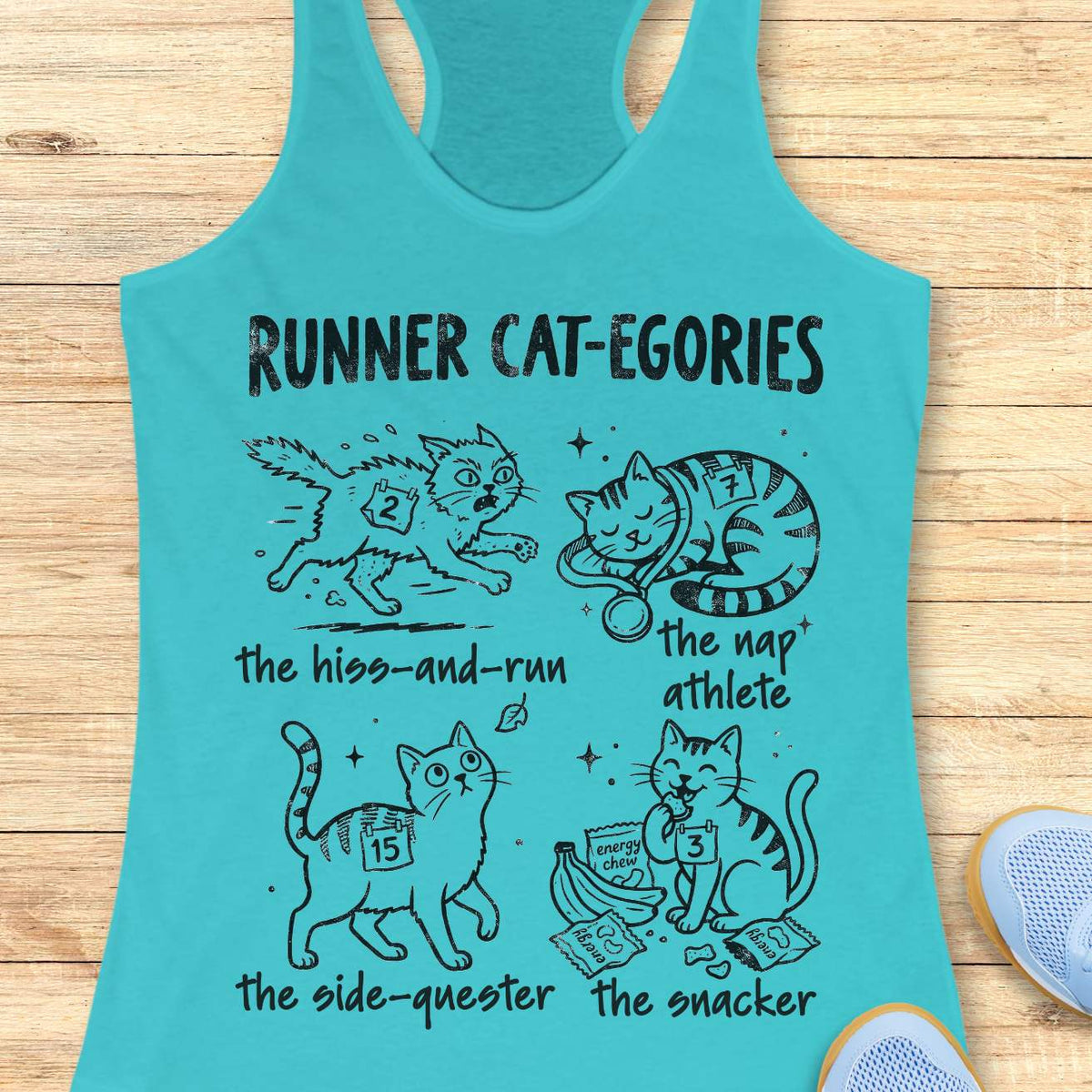 Runner Cat-egories funny running tank top featuring cartoon cats as relatable runner personalities. Design showcases The Hiss-and-Run, The Nap Athlete, The Side-Quester, and The Snacker, each wearing race bib numbers and representing common runner traits. Cute cat-themed running apparel for women who run, cat moms, marathon runners, half marathon participants, trail runners, and pet lovers. Humorous running gift combining running humor, race day culture, and cat lover lifestyle on a blue racerback tank.