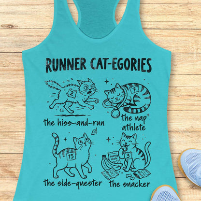 Runner Cat-egories funny running tank top featuring cartoon cats as relatable runner personalities. Design showcases The Hiss-and-Run, The Nap Athlete, The Side-Quester, and The Snacker, each wearing race bib numbers and representing common runner traits. Cute cat-themed running apparel for women who run, cat moms, marathon runners, half marathon participants, trail runners, and pet lovers. Humorous running gift combining running humor, race day culture, and cat lover lifestyle on a blue racerback tank.