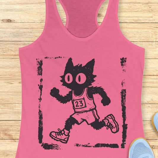 Women's pink racerback tank top with a retro distressed running cat graphic. The design showcases a quirky black cartoon cat with oversized eyes sprinting in running gear, including a race bib marked 23, shorts, and sneakers. Rendered in a vintage hand-drawn illustration style with grunge screen-print textures and a weathered border, the artwork blends running culture with cat lover humor. Ideal apparel for women who enjoy running, marathon training, race day events, jogging, trail running, fitness, and fun