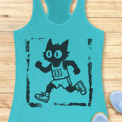 Women's blue racerback tank top with a retro distressed running cat graphic. The design showcases a quirky black cartoon cat with oversized eyes sprinting in running gear, including a race bib marked 23, shorts, and sneakers. Rendered in a vintage hand-drawn illustration style with grunge screen-print textures and a weathered border, the artwork blends running culture with cat lover humor. Ideal apparel for women who enjoy running, marathon training, race day events, jogging, trail running, fitness, and fun