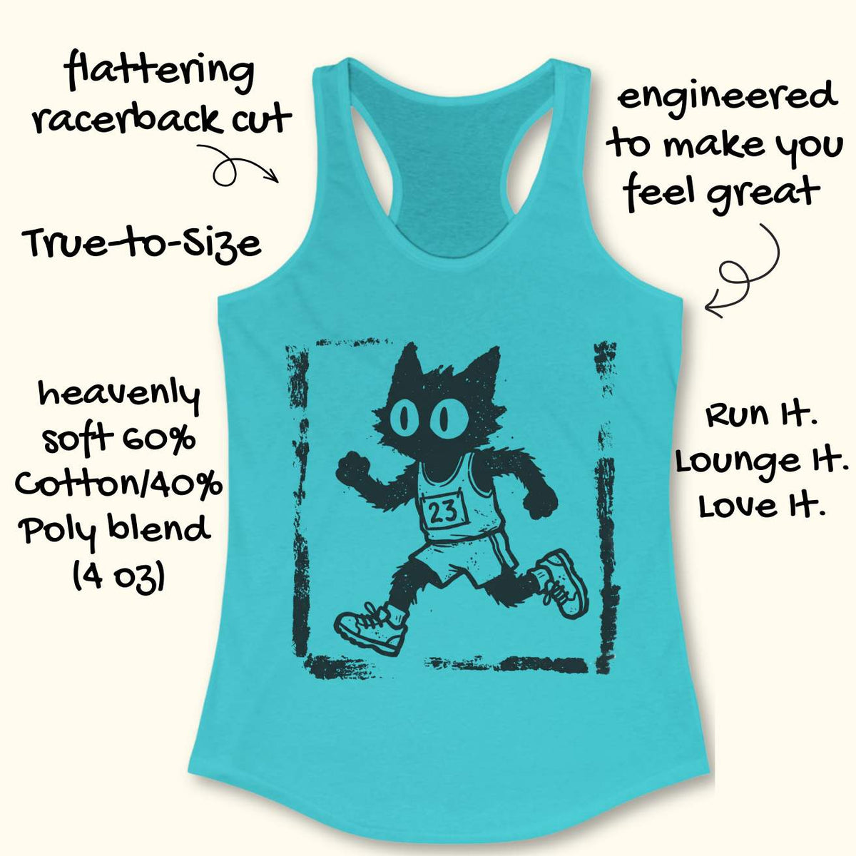 Women's blue racerback tank top with a retro distressed running cat graphic. The design showcases a quirky black cartoon cat with oversized eyes sprinting in running gear, including a race bib marked 23, shorts, and sneakers. Rendered in a vintage hand-drawn illustration style with grunge screen-print textures and a weathered border, the artwork blends running culture with cat lover humor. Ideal apparel for women who enjoy running, marathon training, race day events, jogging, trail running, fitness, and fun