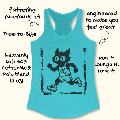 Women's blue racerback tank top with a retro distressed running cat graphic. The design showcases a quirky black cartoon cat with oversized eyes sprinting in running gear, including a race bib marked 23, shorts, and sneakers. Rendered in a vintage hand-drawn illustration style with grunge screen-print textures and a weathered border, the artwork blends running culture with cat lover humor. Ideal apparel for women who enjoy running, marathon training, race day events, jogging, trail running, fitness, and fun