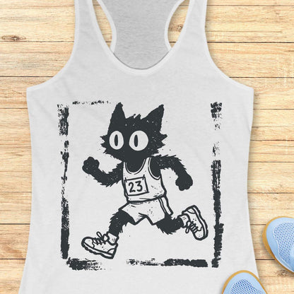 Women's white racerback tank top with a retro distressed running cat graphic. The design showcases a quirky black cartoon cat with oversized eyes sprinting in running gear, including a race bib marked 23, shorts, and sneakers. Rendered in a vintage hand-drawn illustration style with grunge screen-print textures and a weathered border, the artwork blends running culture with cat lover humor. Ideal apparel for women who enjoy running, marathon training, race day events, jogging, trail running, fitness, and 