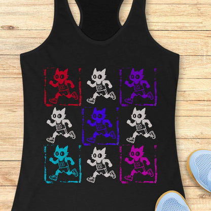 black women's racerback tank top with a retro pop-art running cat design. The graphic features a 3x3 grid of scruffy cartoon cats sprinting in race gear, each wearing a race bib marked 23. Rendered in a distressed screen-print style with vintage textures and colorful variations in red, purple, teal, magenta, and black, the artwork combines running culture, cat lover humor, and indie cartoon aesthetics. This unique running tank is ideal for women runners, marathoners, joggers, trail runners, 
