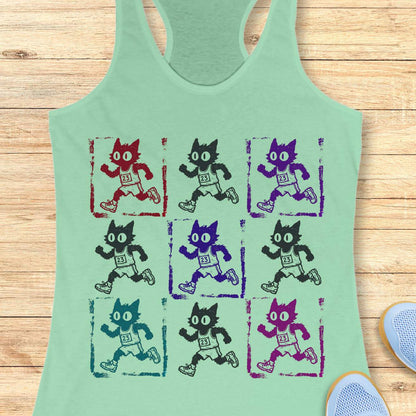 mint women's racerback tank top with a retro pop-art running cat design. The graphic features a 3x3 grid of scruffy cartoon cats sprinting in race gear, each wearing a race bib marked 23. Rendered in a distressed screen-print style with vintage textures and colorful variations in red, purple, teal, magenta, and black, the artwork combines running culture, cat lover humor, and indie cartoon aesthetics. This unique running tank is ideal for women runners, marathoners, joggers, trail runners, 