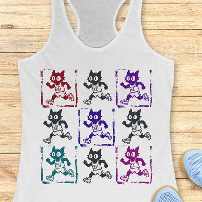 white women's racerback tank top with a retro pop-art running cat design. The graphic features a 3x3 grid of scruffy cartoon cats sprinting in race gear, each wearing a race bib marked 23. Rendered in a distressed screen-print style with vintage textures and colorful variations in red, purple, teal, magenta, and black, the artwork combines running culture, cat lover humor, and indie cartoon aesthetics. This unique running tank is ideal for women runners, marathoners, joggers, trail runners, 
