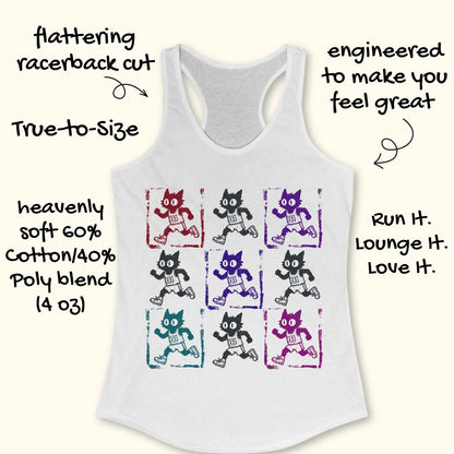 white women's racerback tank top with a retro pop-art running cat design. The graphic features a 3x3 grid of scruffy cartoon cats sprinting in race gear, each wearing a race bib marked 23. Rendered in a distressed screen-print style with vintage textures and colorful variations in red, purple, teal, magenta, and black, the artwork combines running culture, cat lover humor, and indie cartoon aesthetics. This unique running tank is ideal for women runners, marathoners, joggers, trail runners, 