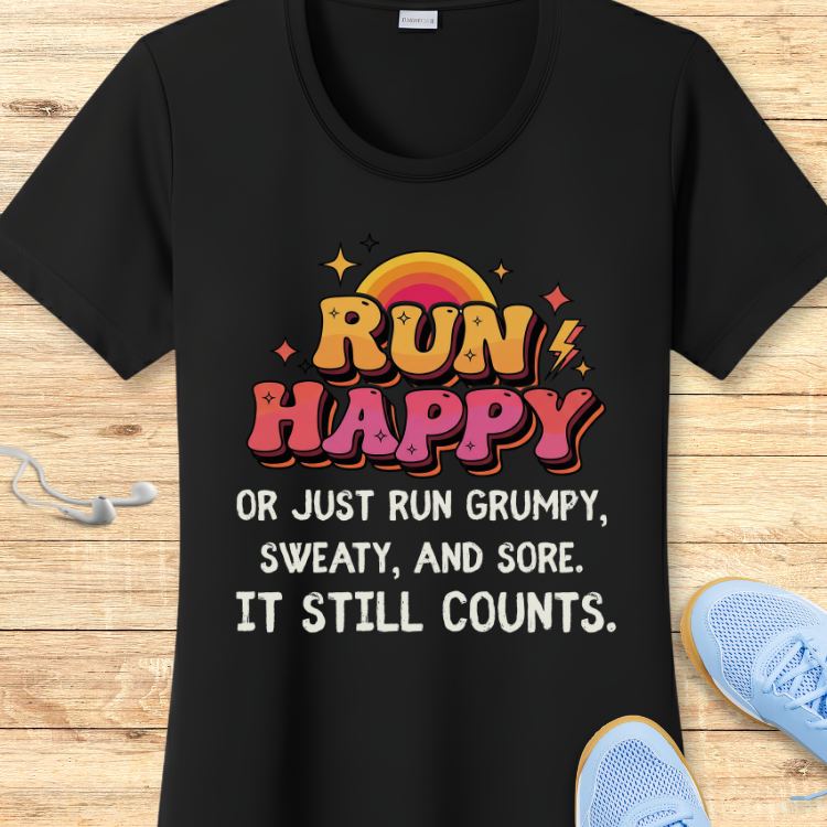 Photograph of a black t-shirt displaying a vibrant retro-style RUN HAPPY graphic in orange-yellow and pink-red gradient letters with lightning bolts and stars above a rainbow sun, along with the complete motivational phrase OR JUST RUN GRUMPY SWEATY AND SORE IT STILL COUNTS, all resting on a rustic wooden background next to white earbuds and bright blue running shoes