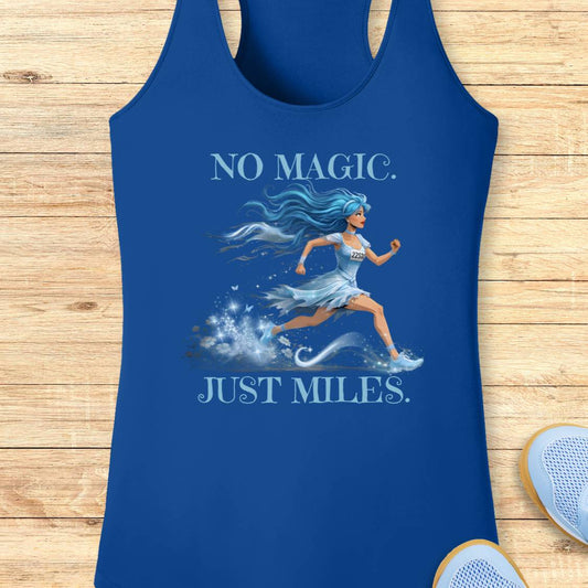 A royal blue racerback tank top with a graphic of a woman running and the text 'NO MAGIC. JUST MILES.