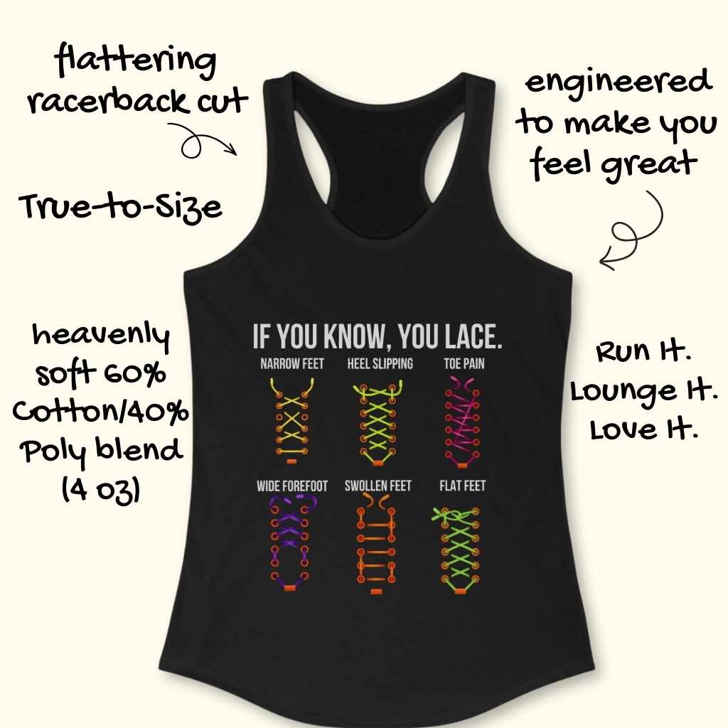 Black racerback tank top featuring "IF YOU KNOW, YOU LACE" text above six colorful diagrams demonstrating shoe lacing techniques for issues like narrow feet, heel slipping, and flat feet, highlighted as a flattering cut and soft 60% cotton blend engineered for comfort