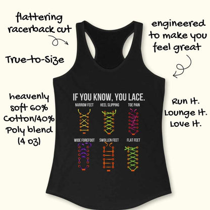 Black racerback tank top featuring "IF YOU KNOW, YOU LACE" text above six colorful diagrams demonstrating shoe lacing techniques for issues like narrow feet, heel slipping, and flat feet, highlighted as a flattering cut and soft 60% cotton blend engineered for comfort