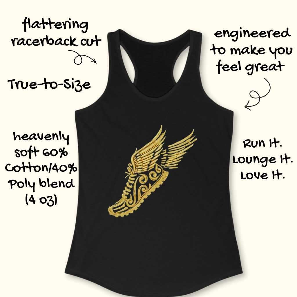 A black racerback tank top featuring a glittering gold winged running shoe graphic with text describing a flattering cut and heavenly soft cotton-poly blend