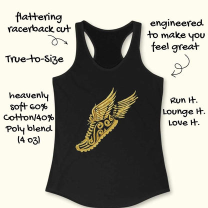 A black racerback tank top featuring a glittering gold winged running shoe graphic with text describing a flattering cut and heavenly soft cotton-poly blend