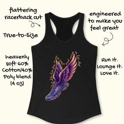 Product image of a black women's racerback tank top featuring a graphic of a vibrant blue and purple winged running shoe with surrounding text that reads she has fire in her soul and wings on her feet highlighting its flattering cut and soft 60% cotton 40% poly blend engineered for comfort