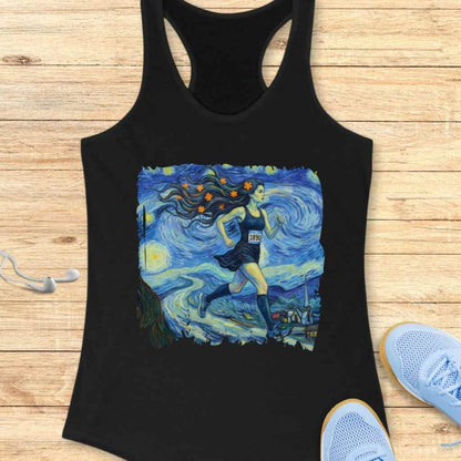 Graphic print inspired by Van Gogh depicts a female runner with long dark hair adorned with orange stars wearing bib 1890 against The Starry Night's iconic swirling blue sky, bright moon, and cypress tree on a black tank top