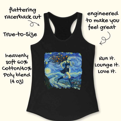 Black racerback tank top featuring a Van Gogh-inspired digital print of a woman runner with long, flowing hair adorned with orange stars and bib number 1890, set against a vibrant swirling blue and yellow starry night sky, with a prominent dark cypress tree and village church spire