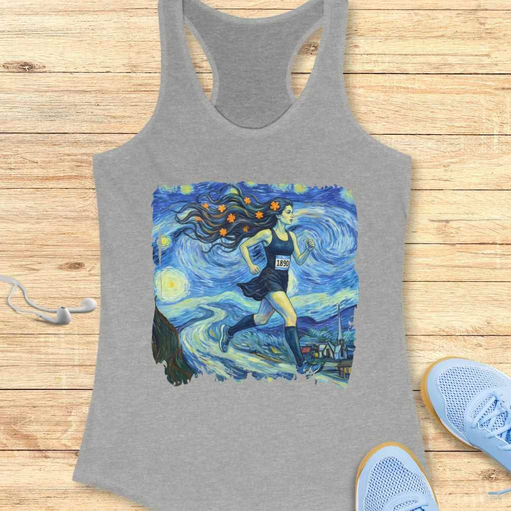 Graphic print on a grey tank top, inspired by Vincent Van Gogh's The Starry Night, depicting a woman with long dark hair adorned with orange star-flowers running through a swirling blue and yellow night landscape featuring a prominent cypress tree and a church spire, wearing a black running dress with a 1890 race bib