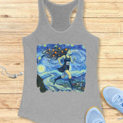 Graphic print on a grey tank top, inspired by Vincent Van Gogh's The Starry Night, depicting a woman with long dark hair adorned with orange star-flowers running through a swirling blue and yellow night landscape featuring a prominent cypress tree and a church spire, wearing a black running dress with a 1890 race bib