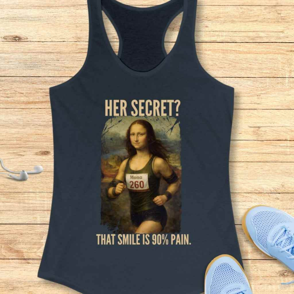 Flat lay graphic print of Leonardo da Vinci's Mona Lisa on a dark blue tank top showing Mona Lisa as a runner in a green singlet with a Mona 260 bib against her painting's iconic hazy landscape, featuring the humorous phrases HER SECRET and THAT SMILE IS 90% PAIN, all resting on a wooden plank background with light blue running shoes and white earbuds