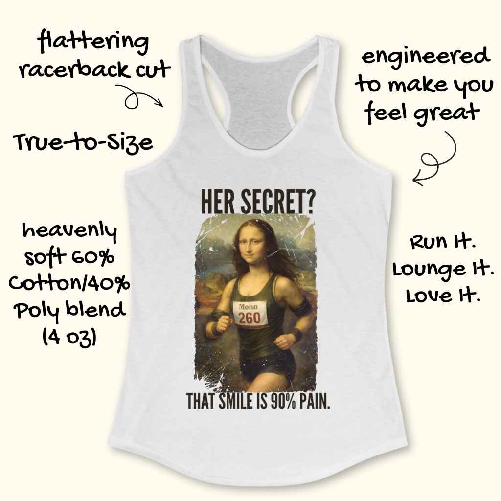 White women's racerback tank top featuring a print of a Mona Lisa parody depicting her as a runner with a 'Mona 260' bib and text 'HER SECRET? THAT SMILE IS 90% PAIN' alongside descriptive product details like 'flattering racerback cut' and 'heavenly soft 60% Cotton/40% Poly blend'