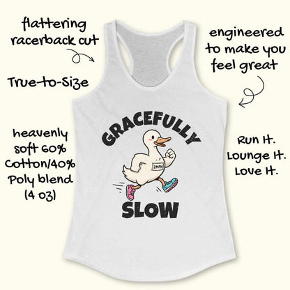 White tank top with a graphic of a duck and text 'gracefully slow' ,on a white background