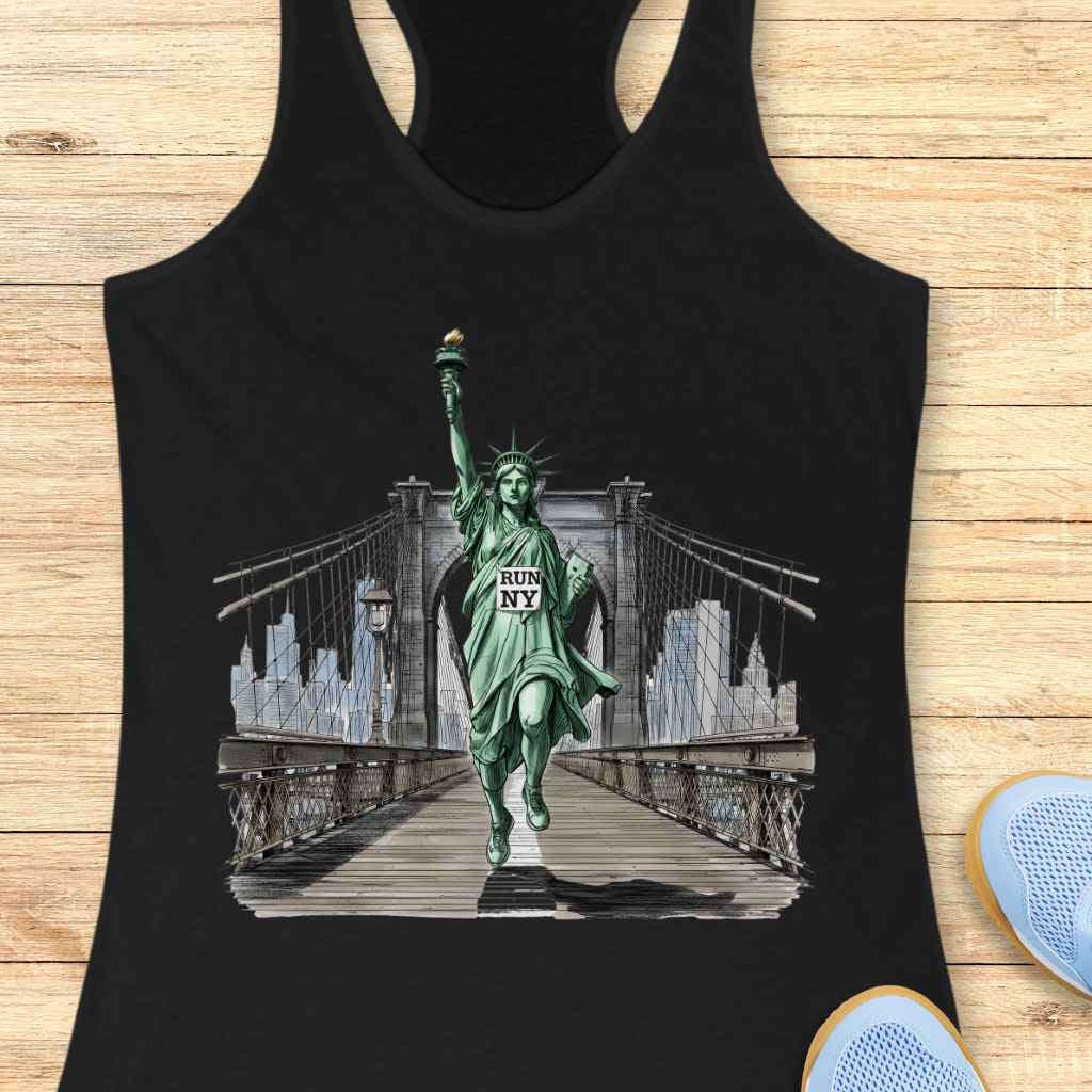 Graphic print of the Statue of Liberty running with a "RUN NY" race bib across the Brooklyn Bridge, torch held aloft, against a grey-blue New York City skyline
