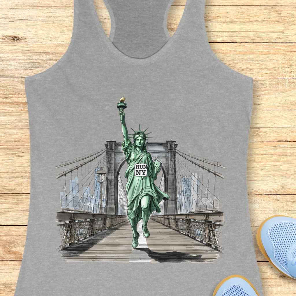 Graphic illustration on a grey tank top depicting the Statue of Liberty running with her torch raised across the Brooklyn Bridge, holding a 'RUN NY' sign, with the New York City skyline in the background