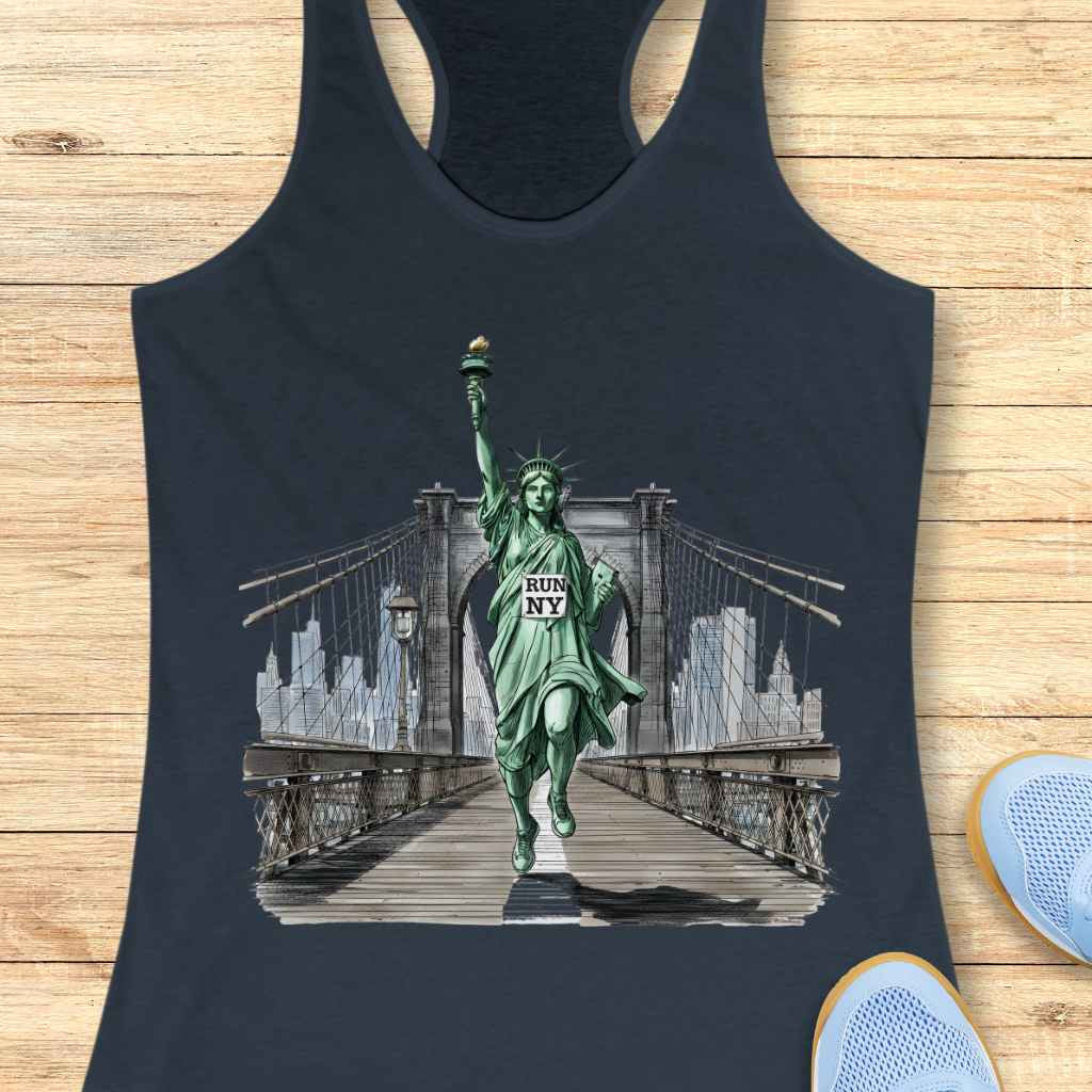 Navy tank top product photo displaying a graphic of the Statue of Liberty running with a RUN NY bib and flaming torch across the Brooklyn Bridge with the New York City skyline in the background