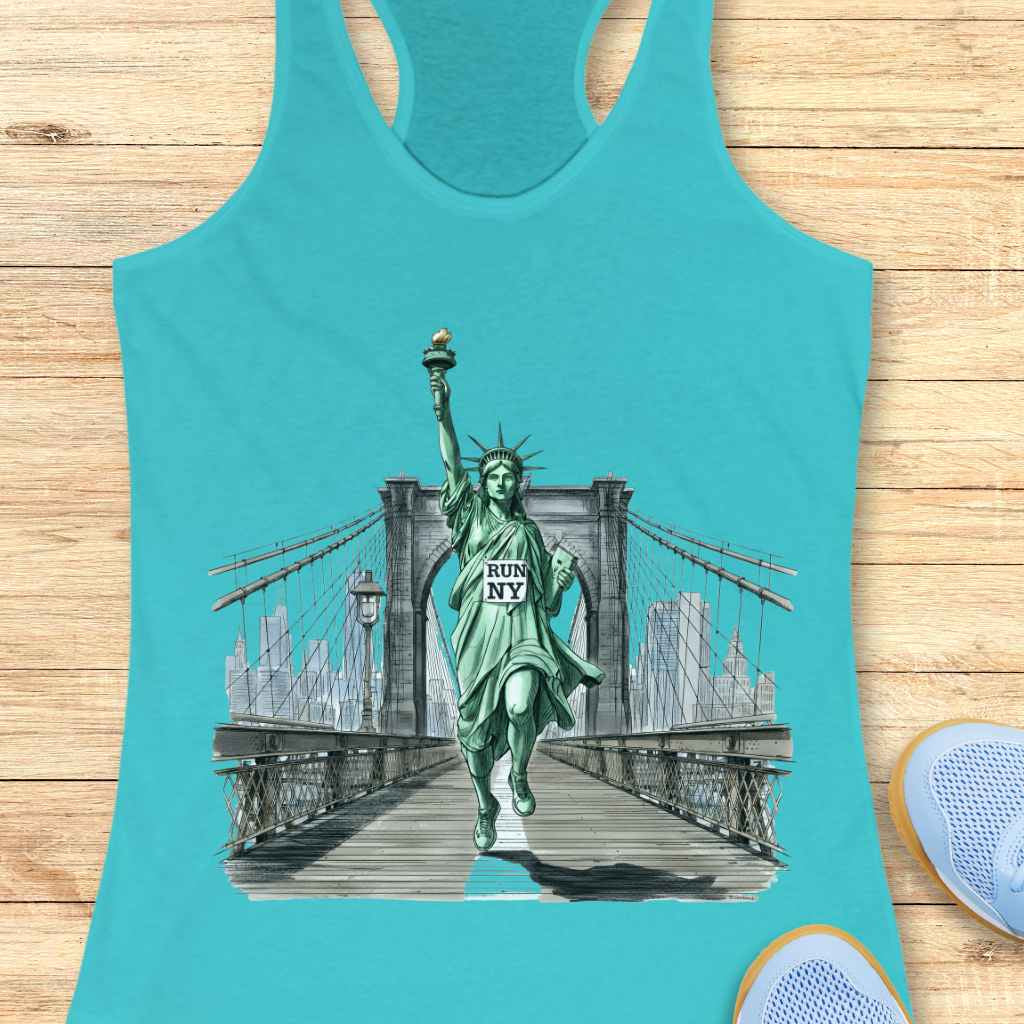 Graphic design on a vibrant teal tank top depicting the Statue of Liberty running on the Brooklyn Bridge, holding a white sign that reads RUN NY, with the New York City skyline in the background