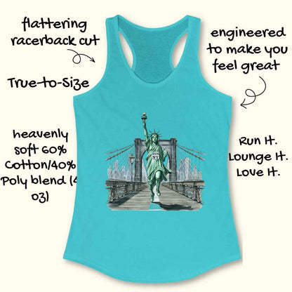 Turquoise racerback tank top displaying a vibrant graphic illustration of the Statue of Liberty running across the Brooklyn Bridge with the New York City skyline, uniquely wearing a white RUN NY shirt and triumphantly raising her golden torch
