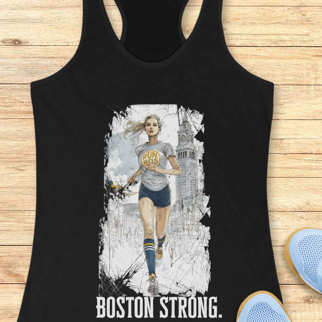Illustration on black tank top depicting a blonde female runner in a grey RUN BOS shirt and blue and yellow striped socks, against a gritty sketch of Boston's Custom House Tower with BOSTON STRONG text