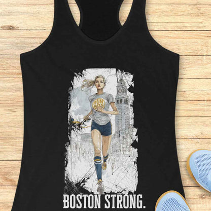 Illustration on black tank top depicting a blonde female runner in a grey RUN BOS shirt and blue and yellow striped socks, against a gritty sketch of Boston's Custom House Tower with BOSTON STRONG text