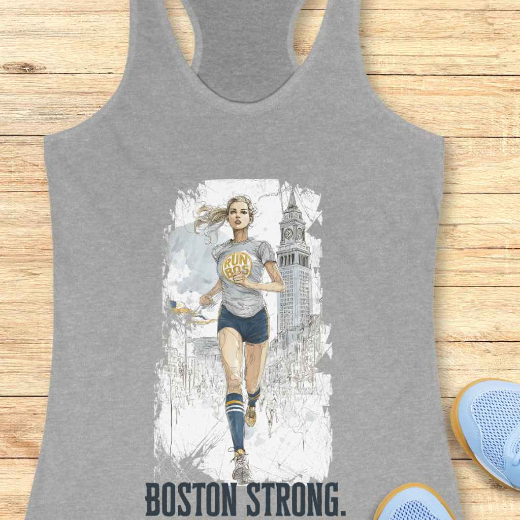Grey tank top featuring a graphic print of a determined female runner in Boston holding a yellow ribbon, wearing a "RUN BOS" shirt and blue shorts with gold and blue striped socks, running past the iconic Custom House Tower, with "BOSTON STRONG" text printed below