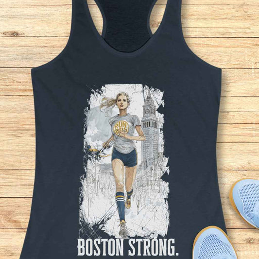 Digital illustration on a navy tank top depicting a blonde female runner wearing a "RUN BOS" shirt and blue and yellow striped socks through a sketchy Boston cityscape featuring the Custom House Tower, with "BOSTON STRONG" text below