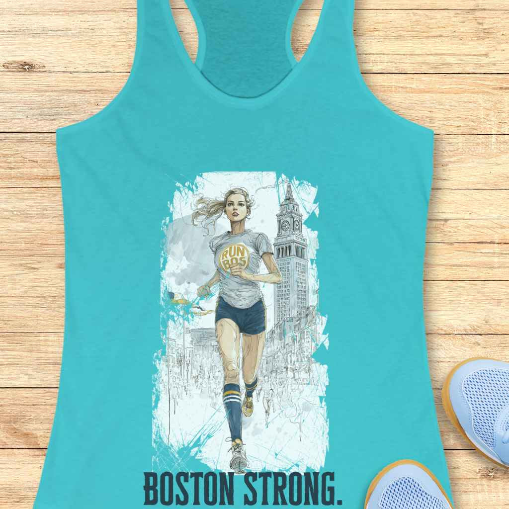 Graphic illustration on a teal tank top depicting a female runner in a grey "RUN BOS" t-shirt, navy shorts, and yellow-striped socks, set against a sketchy blue-grey Boston cityscape featuring the iconic Custom House Tower, with "BOSTON STRONG" printed below